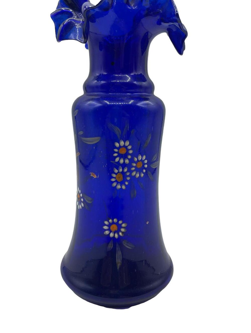 Vintage Cobalt Blue Glass Vase: Hand-Painted Flowers, Ruffle Rim - Picture 8 of 9